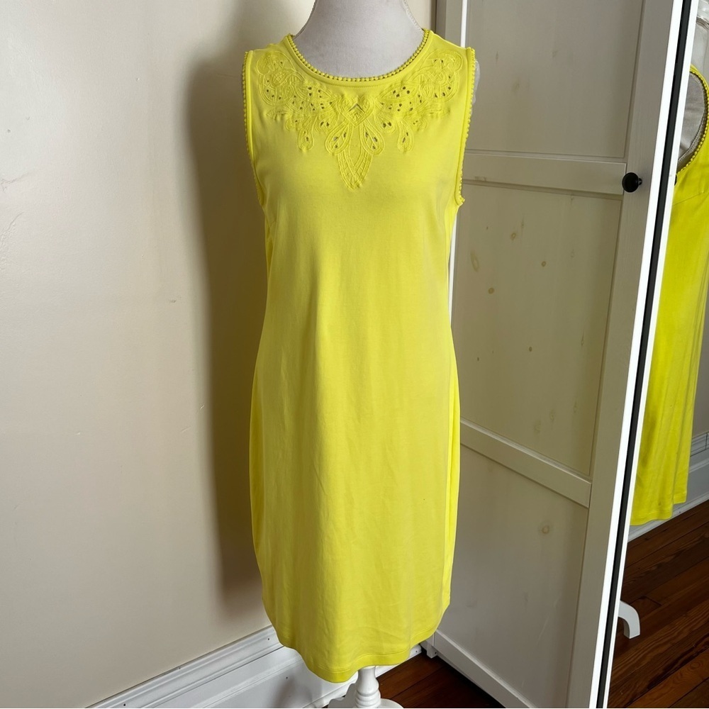 Talbots Bold Yellow Sleeveless Dress with Embroidered and Eyelet Detail - Size L